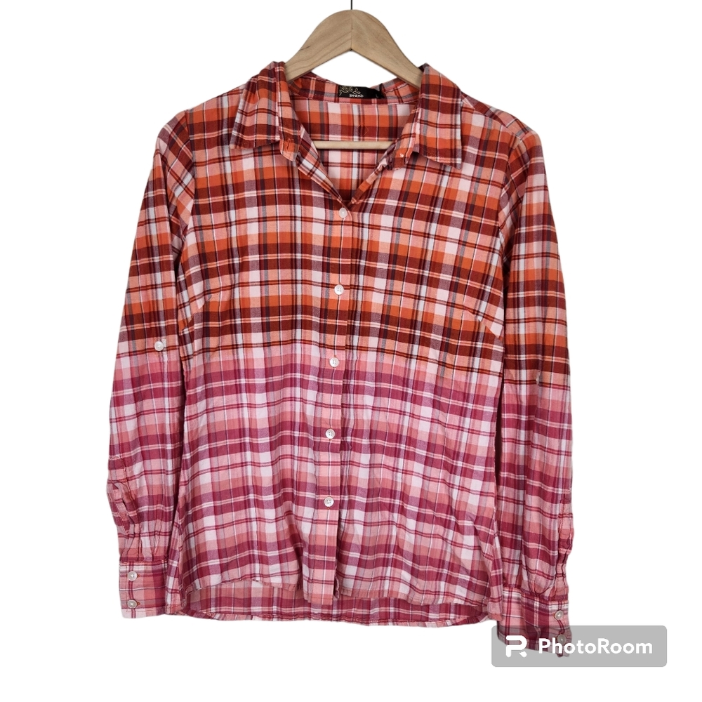 Prana Pink Orange Plaid Roll Tab Sleeve Button Down Shirt Top Sz L